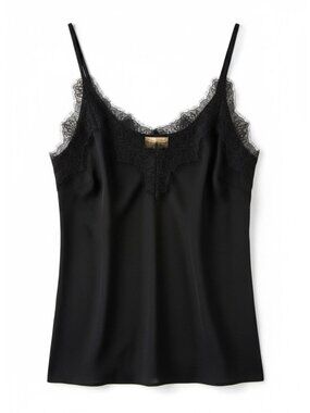H&M Black Satin Lace Trim Cami Top Silky Minimalist Layering Tank Size 10